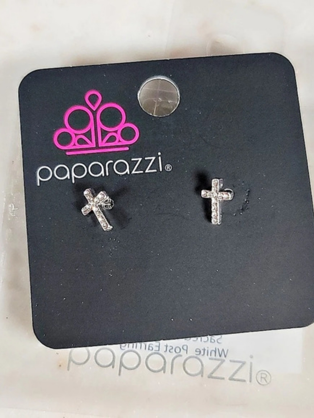 Paparazzi Sacred Shimmer - White Cross Stud Earrings Silver
